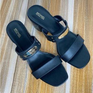 Michael Kors Summer Mid Heeled Sandals Mule MK Logo Leather Black Size 9.5M